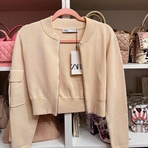 NWT Zara Cream Cropped Zip Up Bomber Jacket With Belted Mini Skirt Set